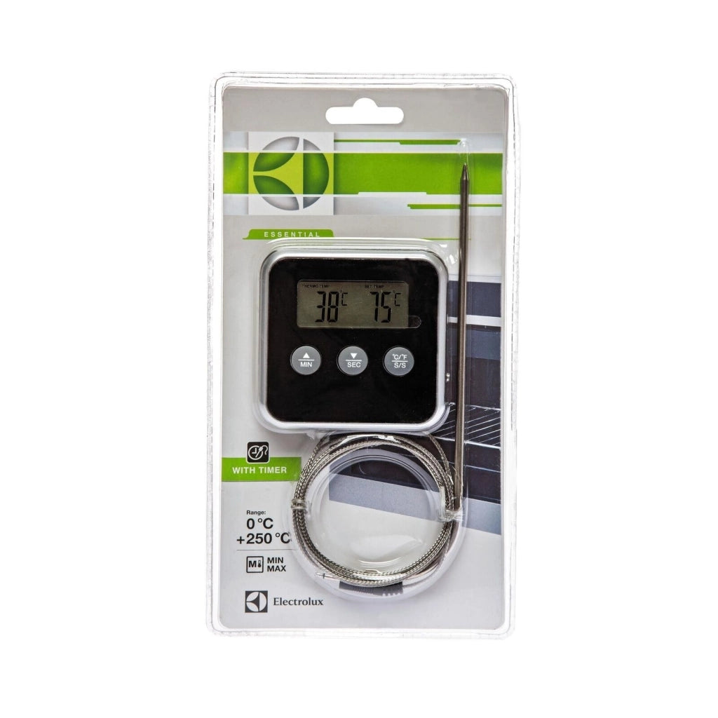 Electrolux E4KTD001 Termometro Digitale con Termosonda per Carne Timer Fino a 99 Minuti Allarme Acustico Acciaio Inox e Silicone colore Nero
