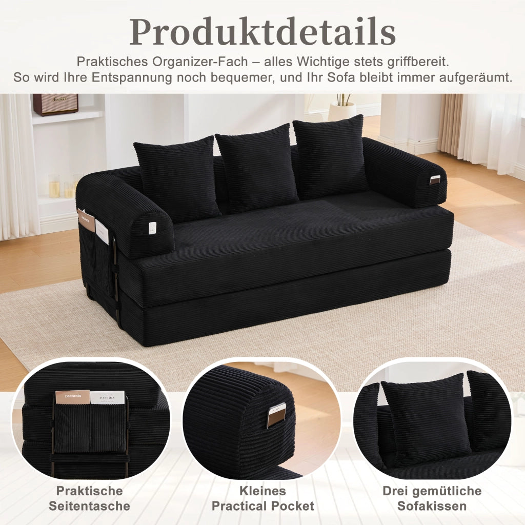 DIVANO modulare 200x94x67 cm in velluto a coste nero con 3 cuscini