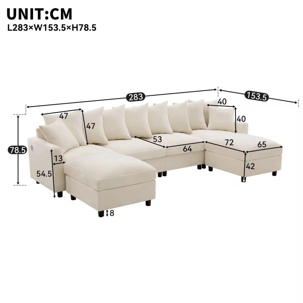 Divano angolare modulare 6 posti a U/L con 2 pouf; USB e Type-C; ciniglia beige