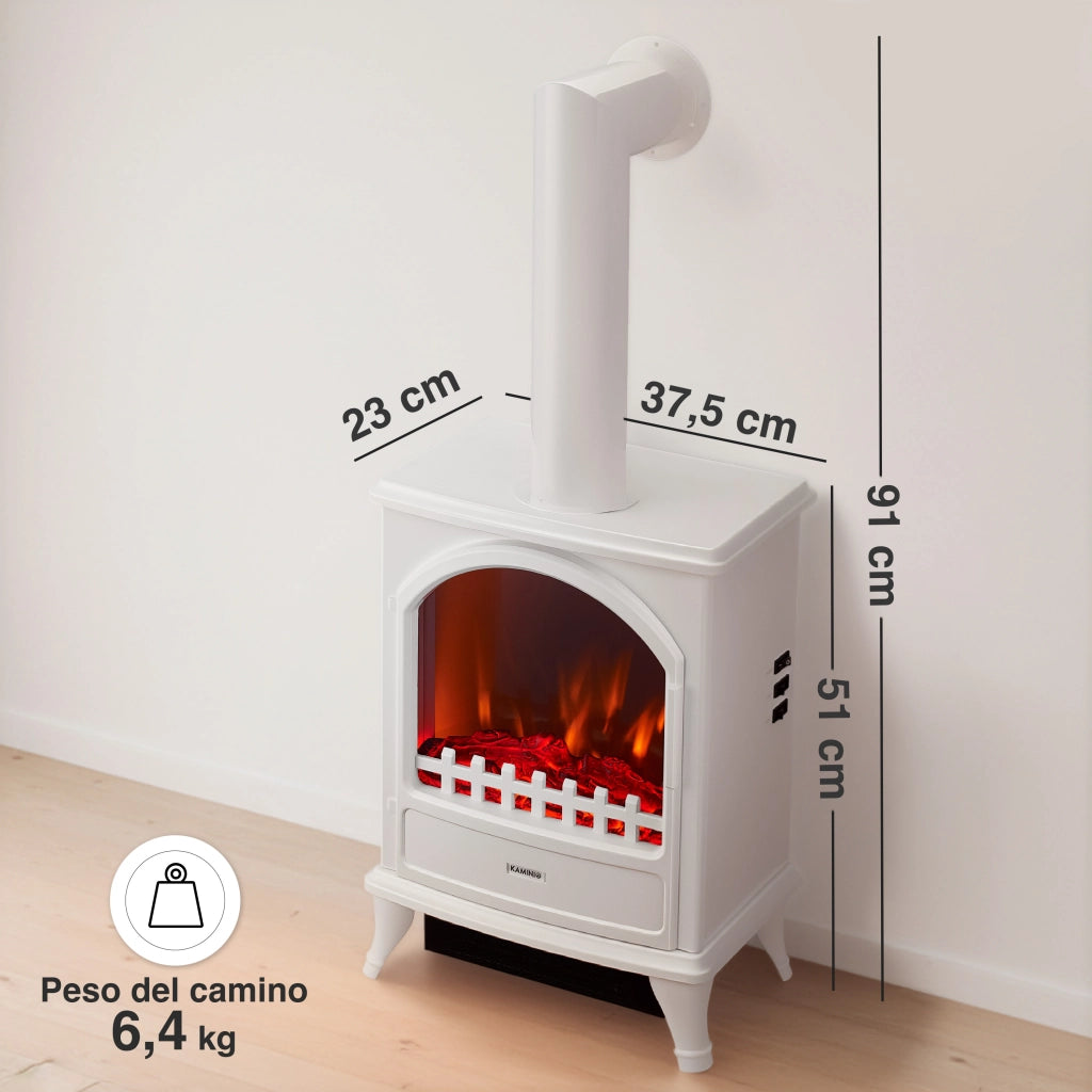 KAMINIO Camino elettrico LENI con tubo di scarico - Camino elettrico con riscaldamento, effetto fiamma 3D - Bianco