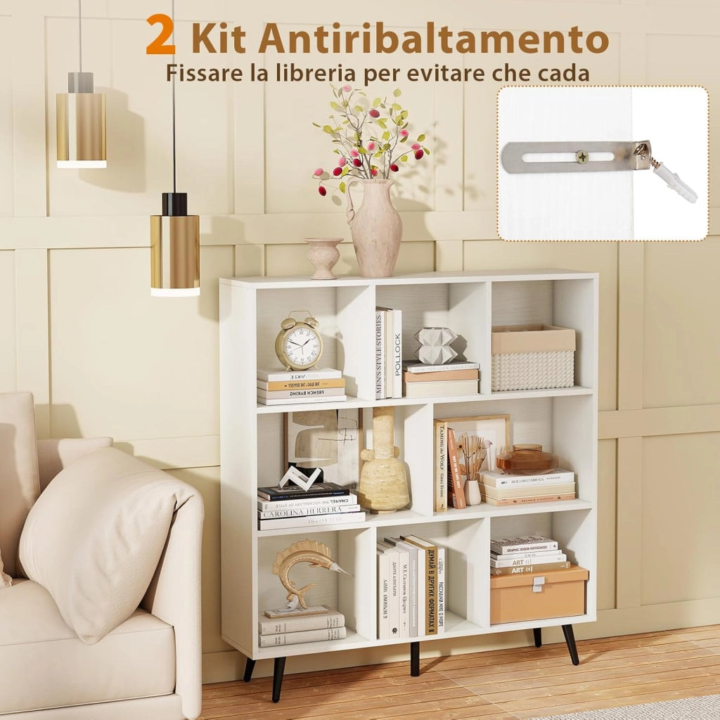 Libreria a 8 Cubi, Organizzatore di Stoccaggio Moderno con 5 Gambe di Metallo, Scaffale per Esposizione con 2 Kit Anti-Ribaltamento per Soggiorno Studio Camera da Letto, Bianco (100x24x107cm)