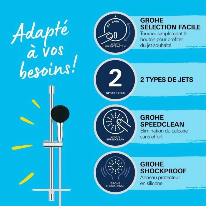 Set doccia con soffione a 2 getti, asta 60 cm, flessibile e mensola - GROHE Vitalio Start 110 26952001 - Risparmio idrico - Cromo