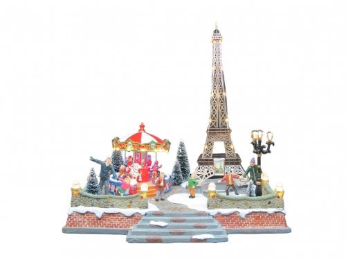 Paesaggio Natalizio Parigi con Giostre 32.5x25x36cm con Movimento Luci e Suoni