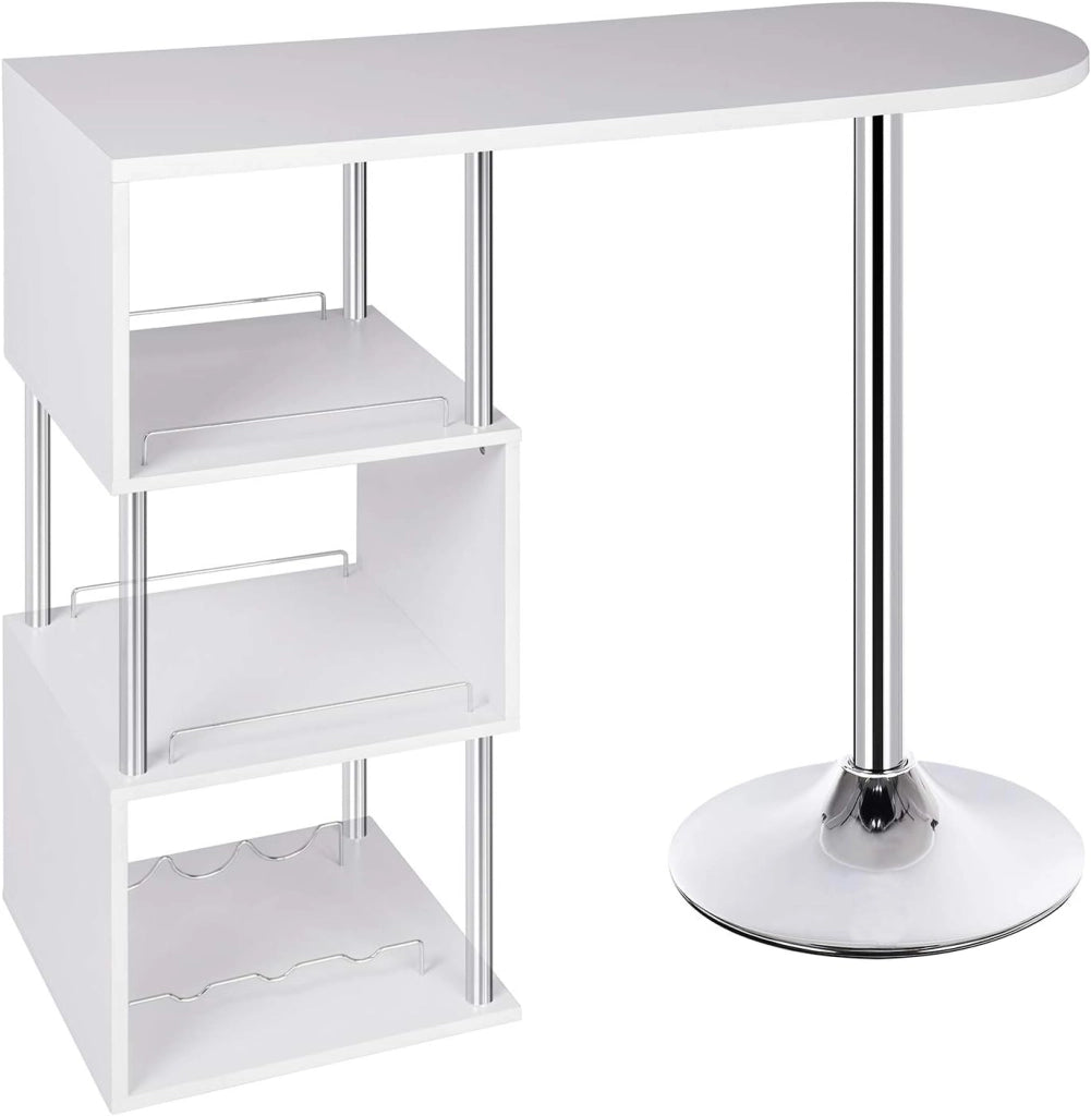 Tavolo da Bar con 3 Ripiani con Portabottiglie Vino, Bancone per Cucina in Metallo & MDF, Tavolo Alto per Home Bar, Cucina, 113 x 40 x 105 cm, Bianco