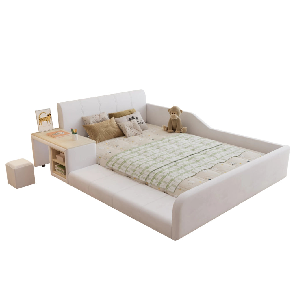 Letto imbottito 140x200 cm con scrivania; sgabello e ripiano in velluto bianco