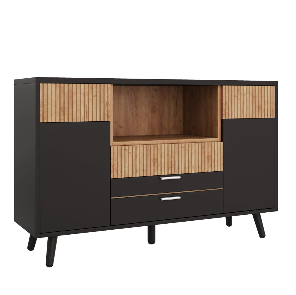 Credenza 130x38x85 cm in MDF naturale e nero con 4 cassetti e LED RGB