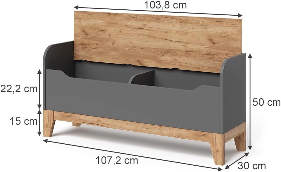 Cassapanca per giocattoli Malia, Grigio/Artisan, 107.2 x 50 cm con sedile, con spazio contenitivo e combinabile con altri mobili Malia