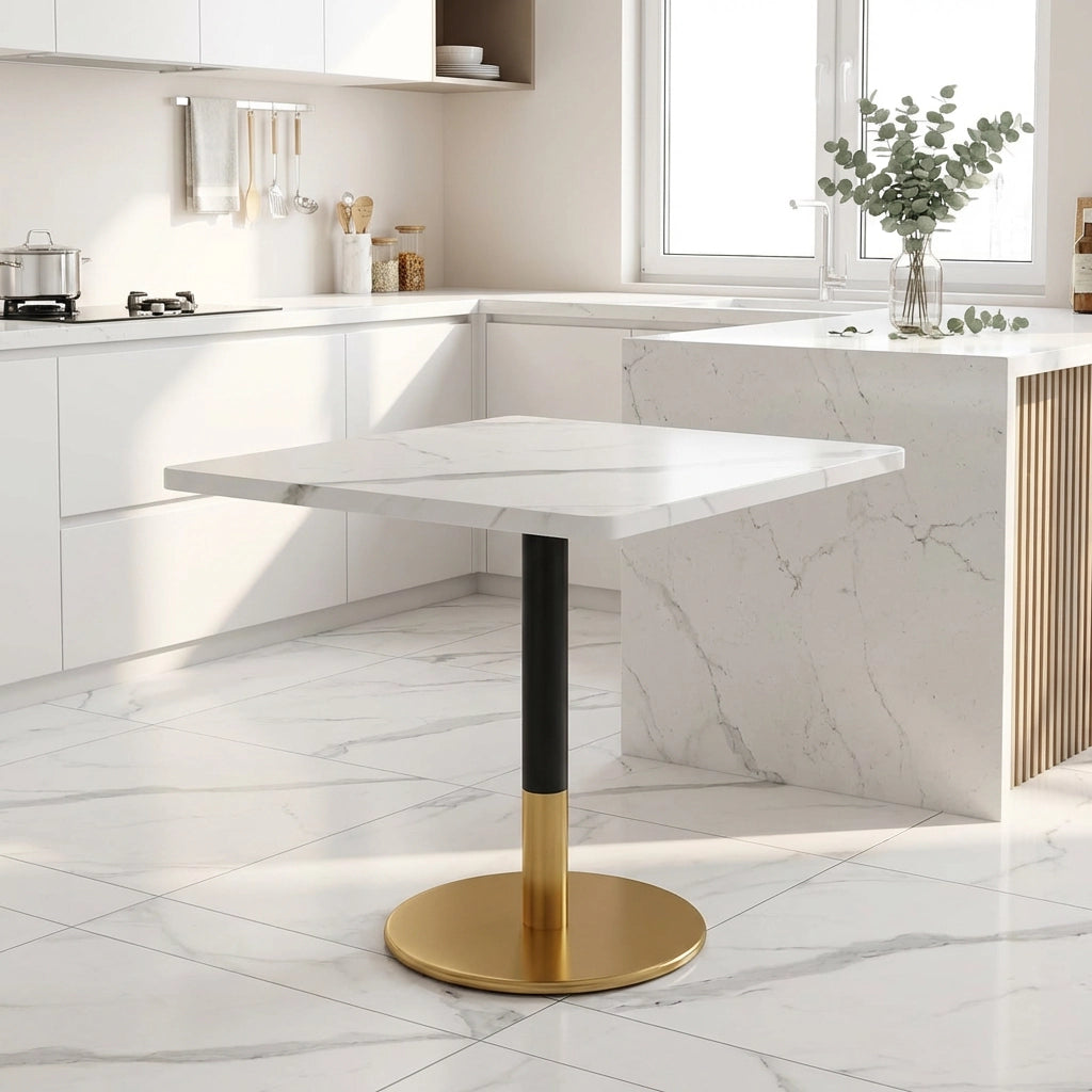 Tavolo da Pranzo Rettangolare ¨C MINIMAL ¨C Piano Effetto Marmo Bianco, Gambe Metallo Nero, 80x60