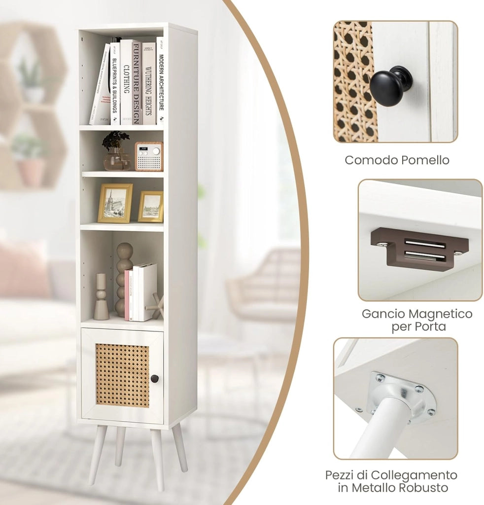Libreria Scaffale con Anta in Rattan Naturale, Scaffale Legno in Stile Boho con 3 Ripiani Regolabili in 12 Posizioni, per Soggiorno Cucina e Camera da Letto, 29,5 x 29,5 x 137 cm (Bianco)