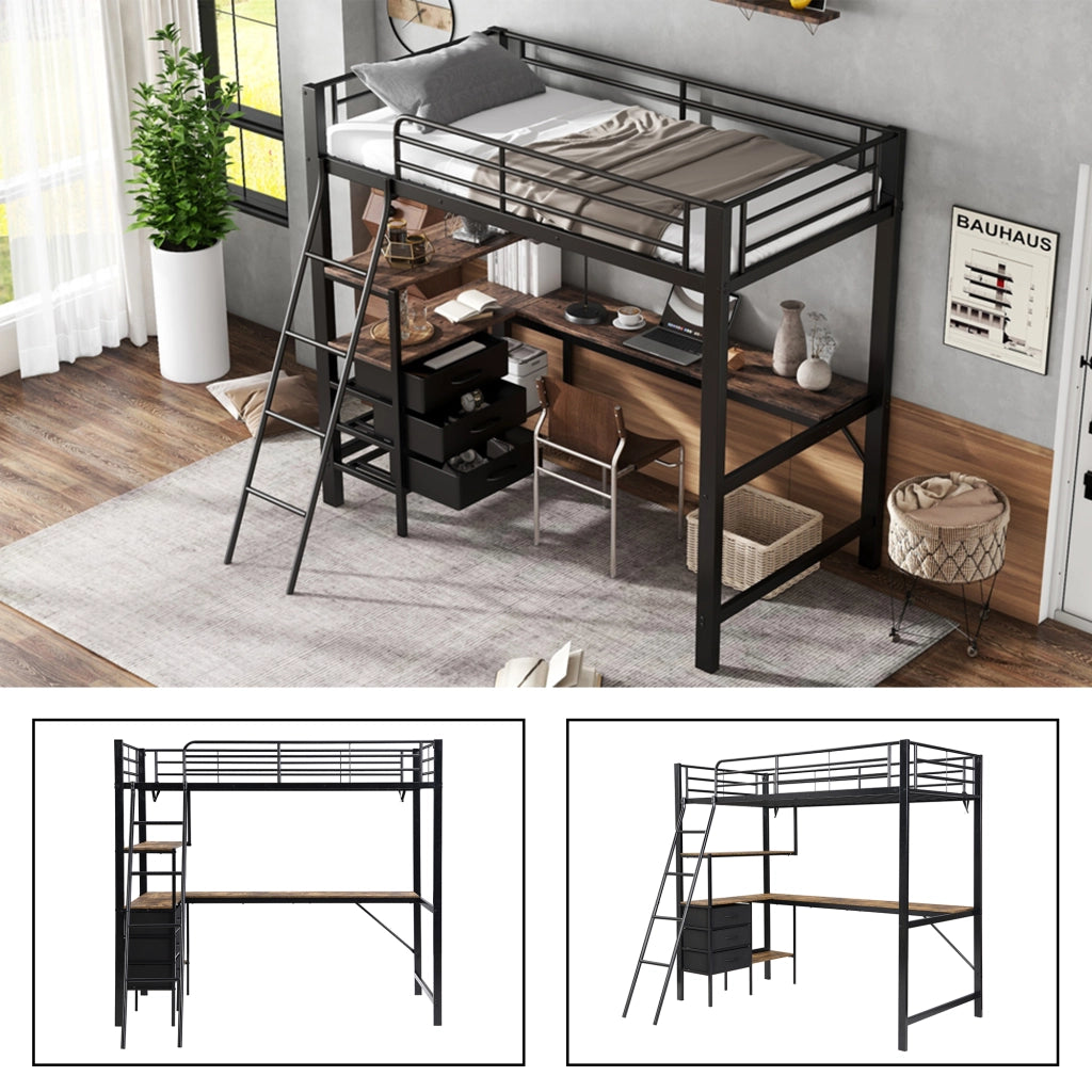 Letto a castello con scrivania e cassetti ferro legno nero noce scuro 90x200 cm