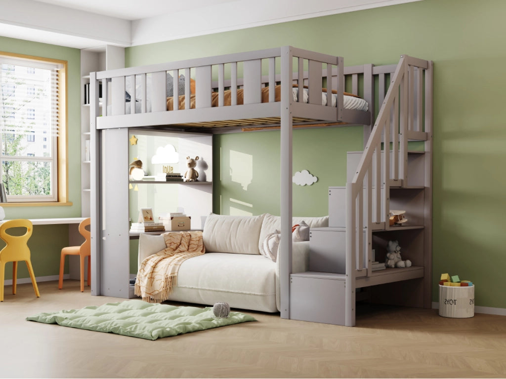 DESMIU Letto a soppalco 1 posto con scala contenitore e 3 vani, 90 × 200 cm, senza materasso, grigio