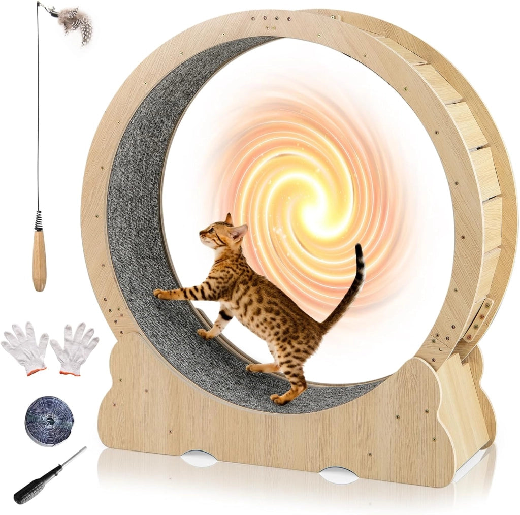 Ruota per Esercizi per Gatti 106 cm in Legno, Tapis Roulant per Gatti con Tappeto Staccabile e Bacchetta per Gatti，Ruota Corsa Allenamento Interno Silenziosa
