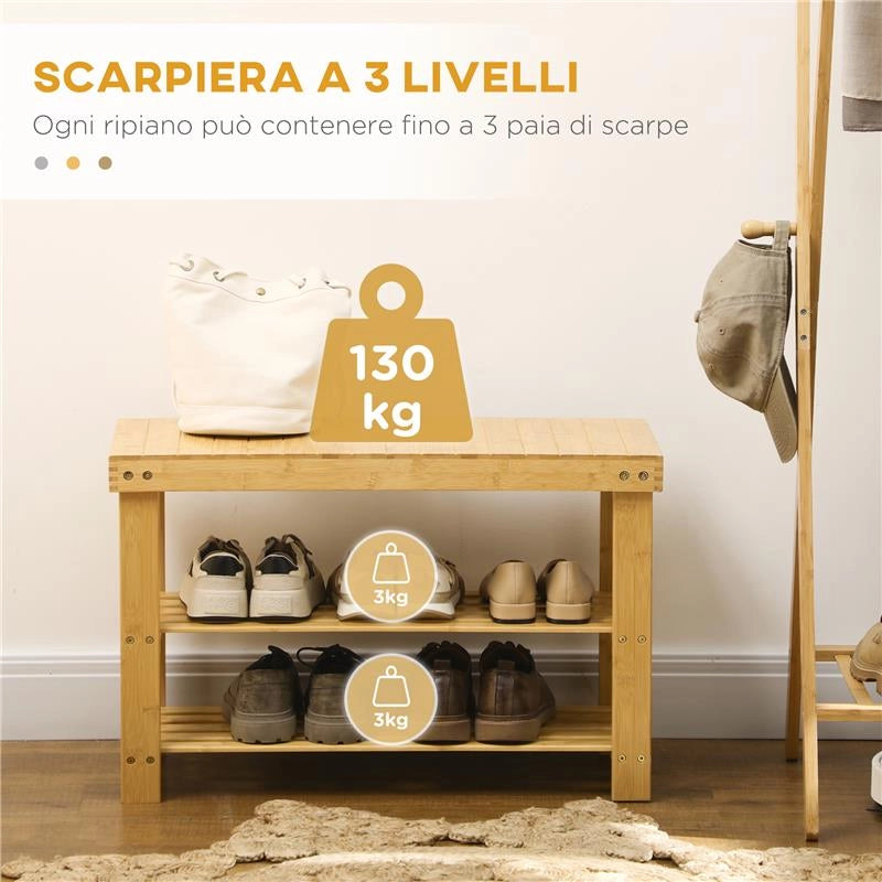 PANCA SCARPIERA BASSA IN BAMBÙ CON 2 RIPIANI A DOGHE E SEDUTA 70X28X45 CM NATURALE