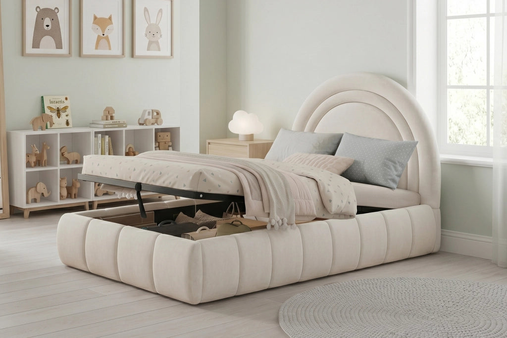 Letto per bambini 90 × 200 cm con contenitore idraulico, testiera imbottita, senza materasso, velluto beige