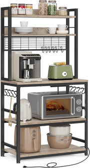 VASAGLE Scaffale Cucina con Multipresa, Scaffale per Microonde, Mobile Cucina, con Pannello a Rete Metallica, 14 Ganci, 40 x 80 x 170 cm, Greige e Nero KKS025B02EU