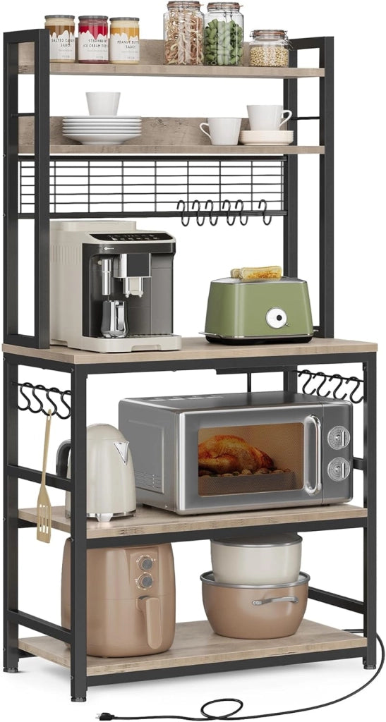 VASAGLE Scaffale Cucina con Multipresa, Scaffale per Microonde, Mobile Cucina, con Pannello a Rete Metallica, 14 Ganci, 40 x 80 x 170 cm, Greige e Nero KKS025B02EU