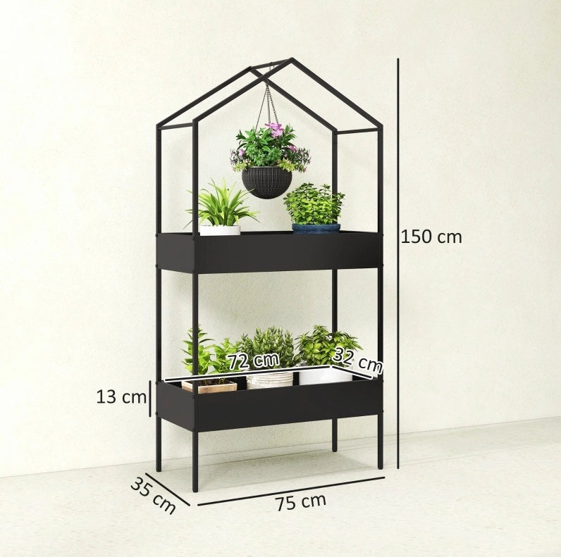 Supporto per Piante a 2 Livelli a Forma di Casa, 150 cm, Metallo Nero con Ganci