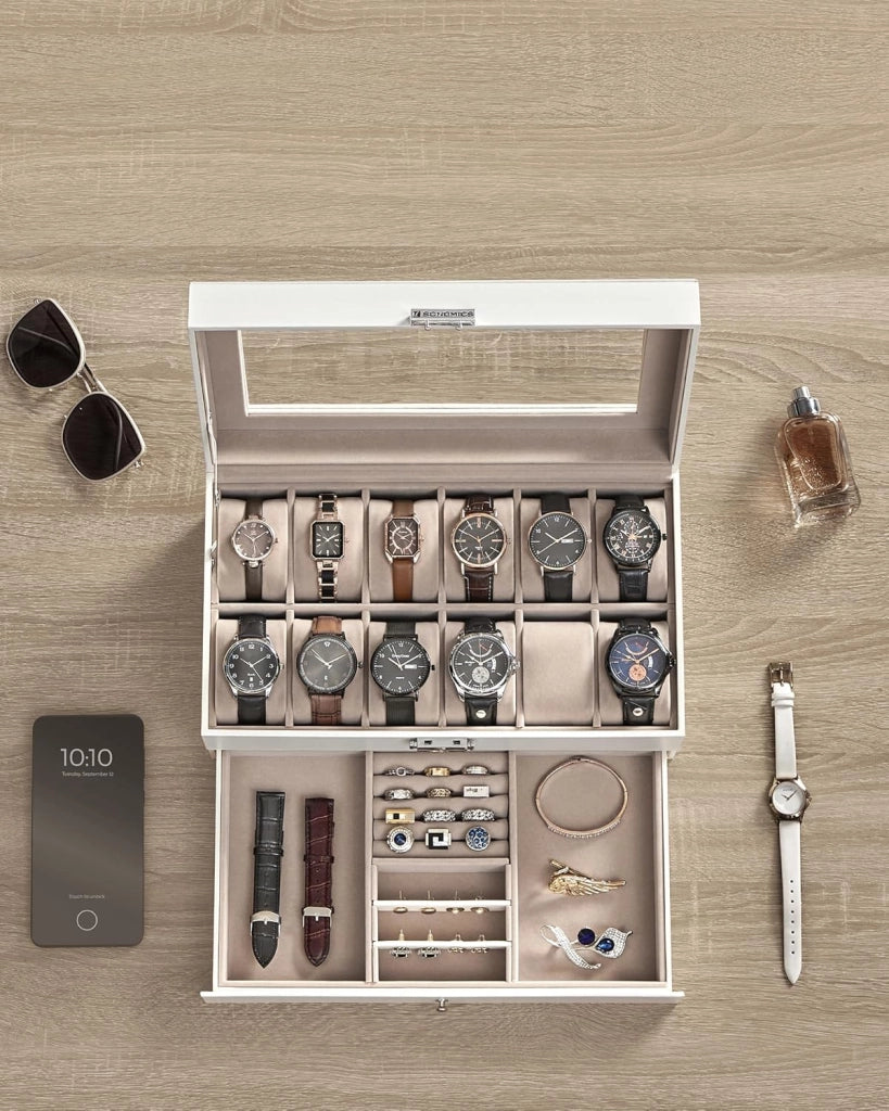 Porta Orologi a 12 Posti, Scatola Portaorologi a 2 Livelli, Coperchio in Vetro, Chiusura, Cassetto, Idea Regalo, Superficie in PU Bianca Nuvola, Interno Beige Cappuccino JWB012W01