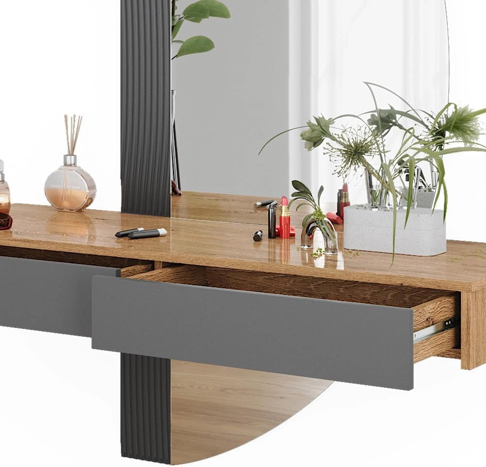 Tavolo da toeletta Melisa, Grigio, 120 cm con 2 cassetti, Altezza regolabile, perfetta per adattarsi alle esigenze individuali