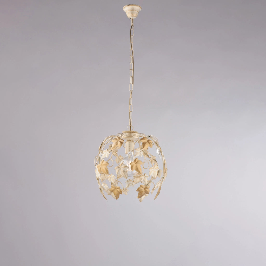 Lampadario Shabby Edera 1 Luce Ferro Battuto Avorio Oro Con Foglie E Cristalli