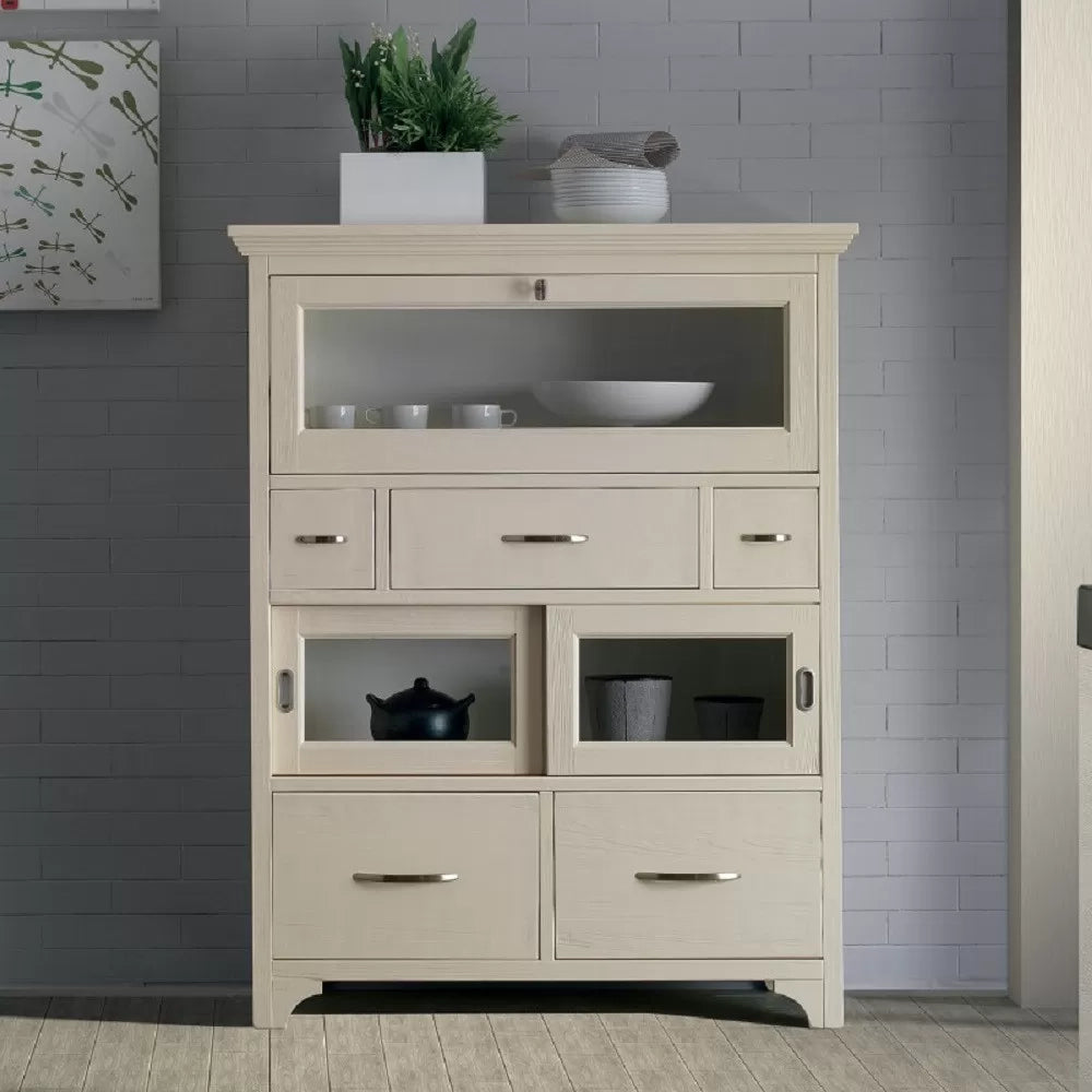 Dispensa shabby in legno massello 3 ribalte 5 cassetti avorio opaco l.110 p.45 h.140 - Mobili 2G