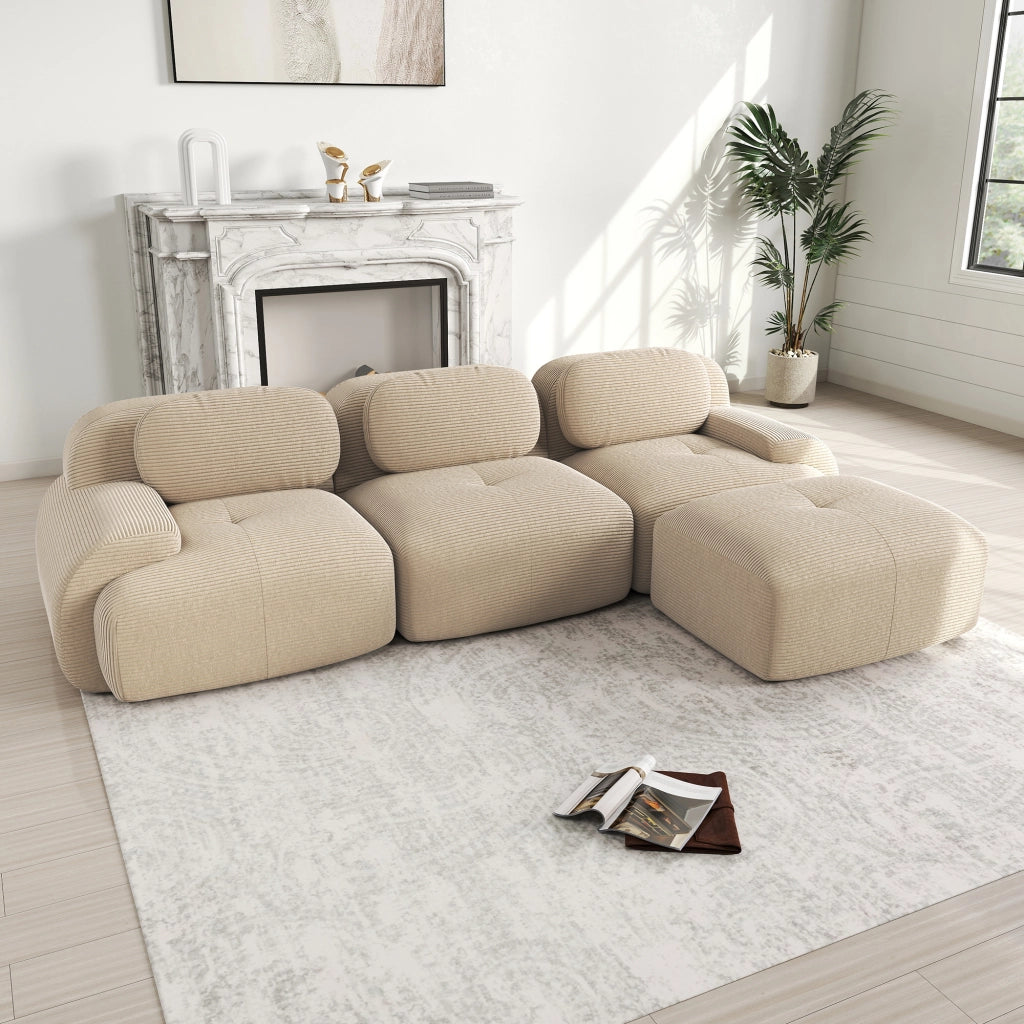 divano angolare modulare senza montaggio; design ergonomico; braccioli larghi; in velluto a coste beige