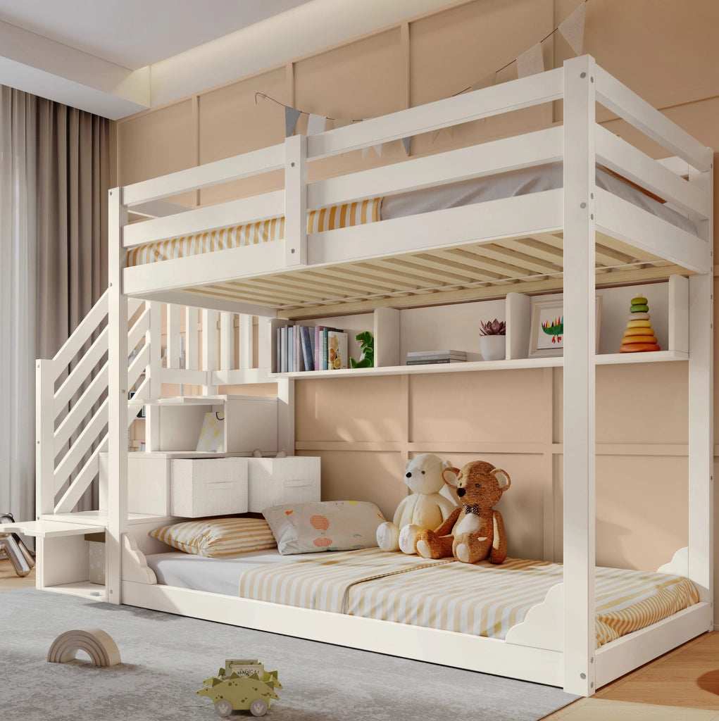 Letto a castello per bambini 90x200 cm con mobile scala e ripiani; legno di pino bianco