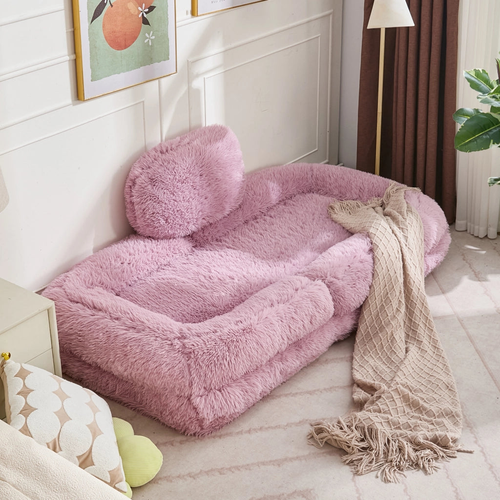 Poltrona Convertibile 1 Posto con Schienale Reclinabile a 5 Posizioni e Cuscino, in Tessuto Peluche, Rosa