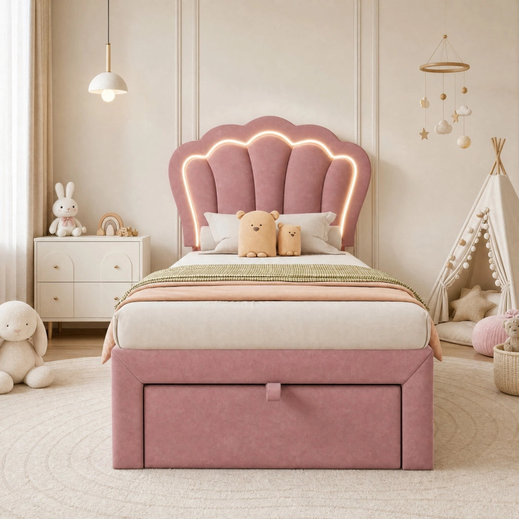 Letto singolo imbottito 90x190 cm in velluto rosa con testiera regolabile, LED RGB, cassetto estraibile e rete a doghe