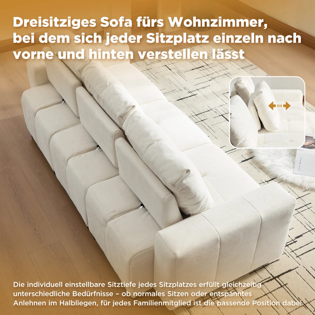 Divano convertibile 3 posti con schienale regolabile e seduta profonda, in ciniglia, Beige Bianco, 213 × 94 × 84 cm