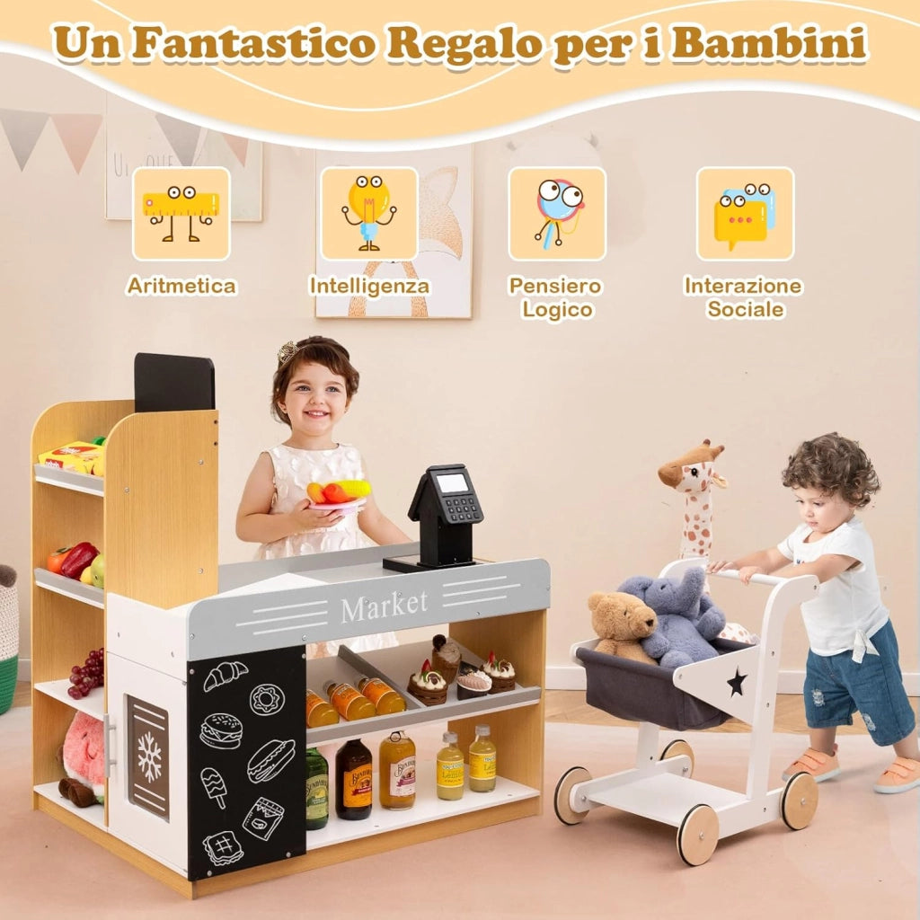 Set da Gioco da Supermercato, Banco di Mercato per Bambini in Legno con Carrello della Spesa, 2 Lavagne e Registratore di Cassa, Scaffali Espositivi, per Bambini 3+ Anni