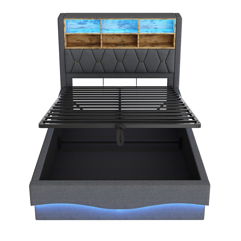 Letto-Xylo-140x200 cm-LED app, USB, metallo, lino grigio