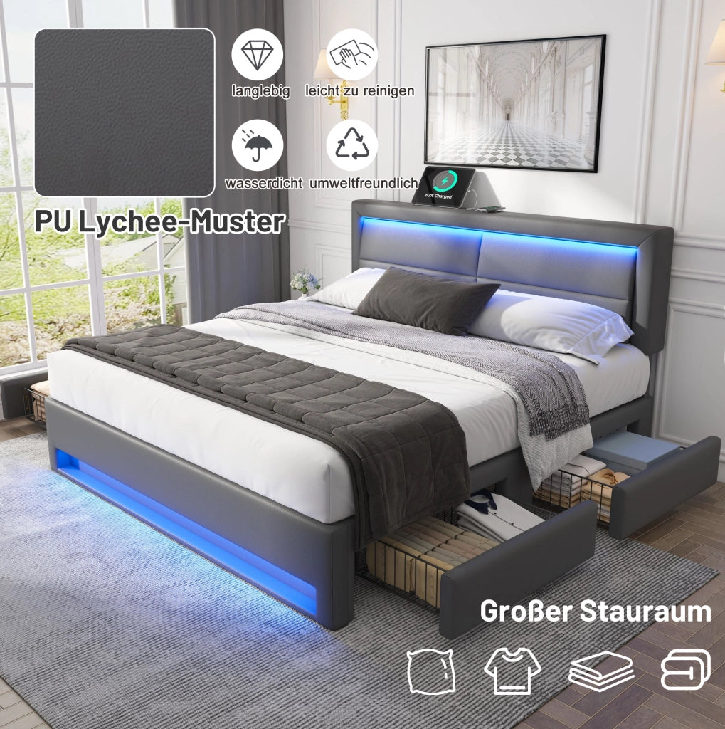 Letto imbottito matrimoniale 140x190 cm con USB; LED e 4 cassetti; grigio; in PU