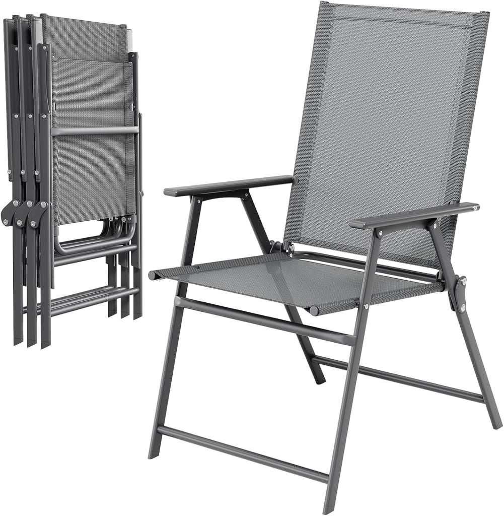 Set di 4 Sedie da Giardino Pieghevoli, Sedie da Campeggio con Schienale e Braccioli, Struttura in Metallo, Portata 121kg, Sedia Pieghevole Leggera per Balcone, Terrazza, Grigio Scuro