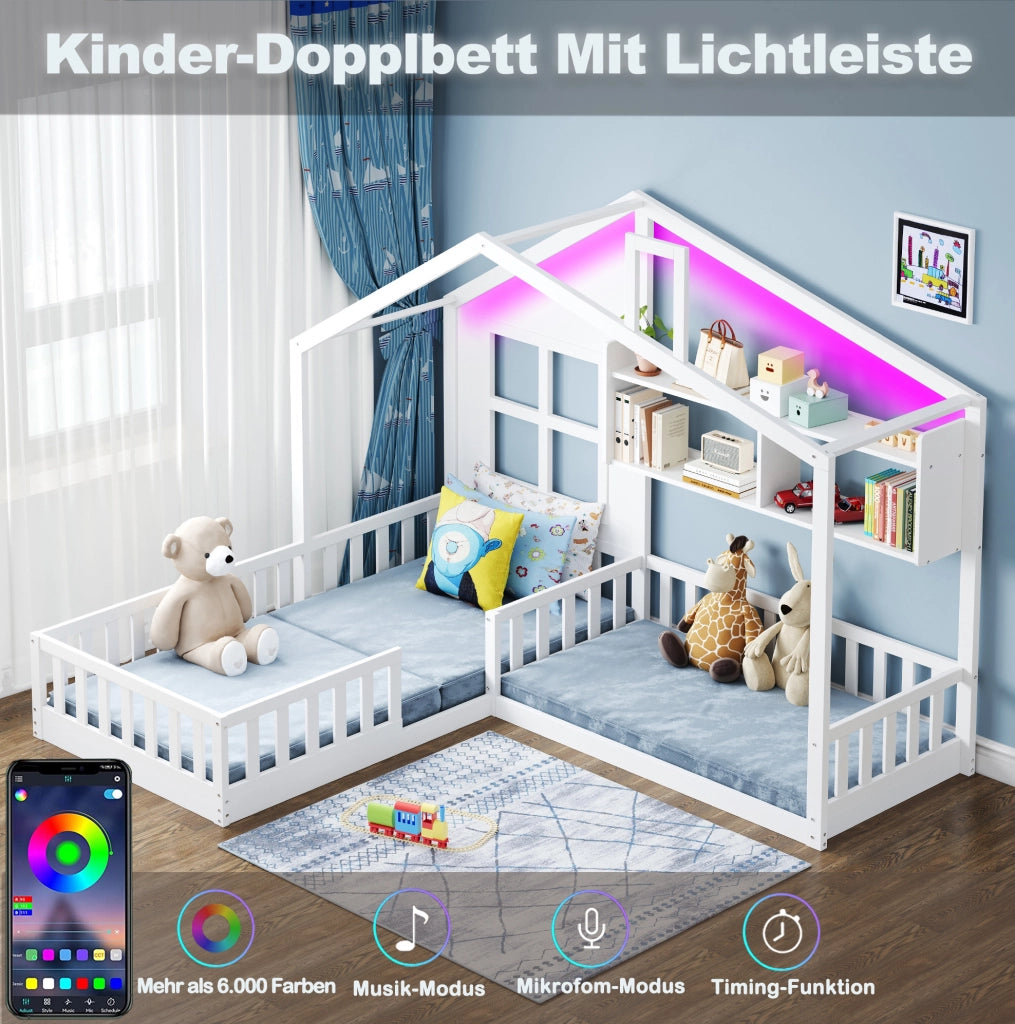 Letto per bambini a casetta 90x200 cm con LED e ripiani