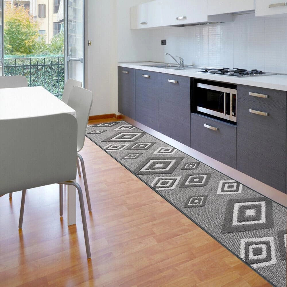Tappeto Cucina Rombi .3D 50x135 Cm Assorbente Morbido Moderno Antiscivolo Grigio