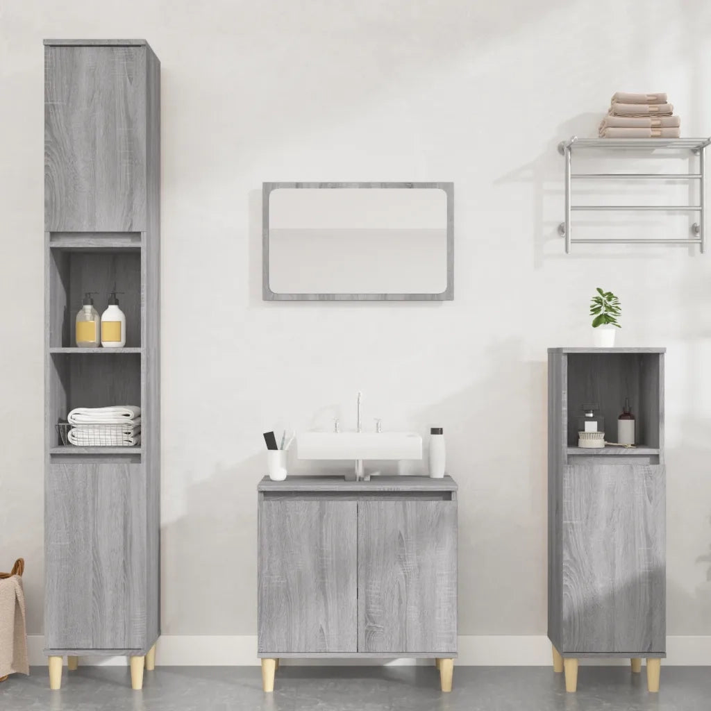 Set Mobili da Bagno | Armadio da bagno 3 pz Grigio Sonoma in Legno Multistrato