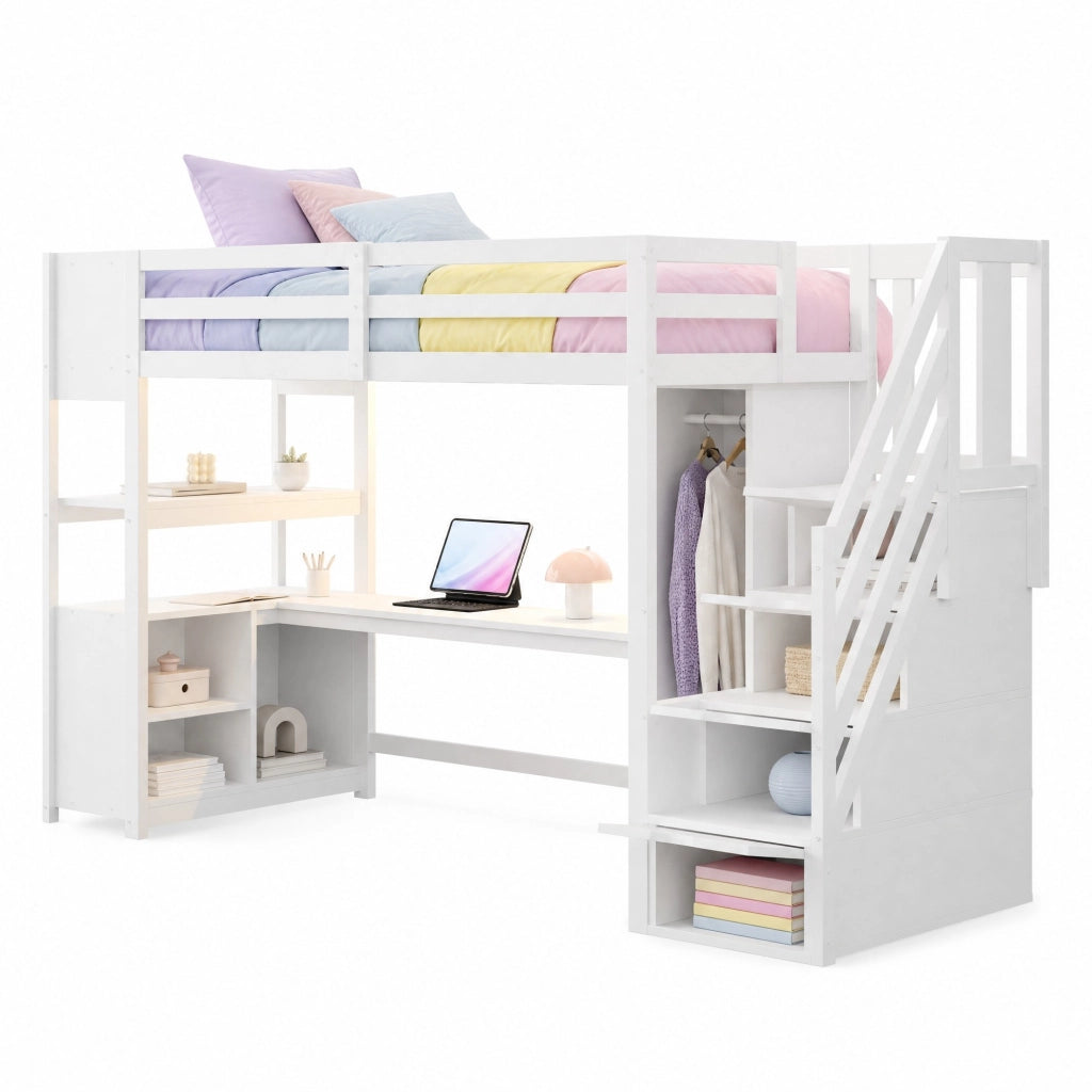 Letto a soppalco multifunzione 90x200 cm con scrivania; armadio; LED e scale contenitive; bianco