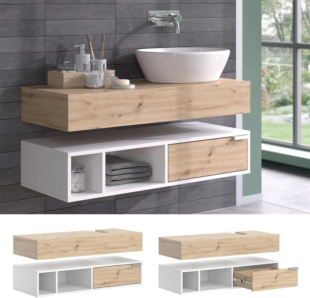 Mobile sottolavabo per bagno Henri, Bianco, 100 x 15 cm con cassetto, per il montaggio sotto il lavandino con ritaglio per sifone