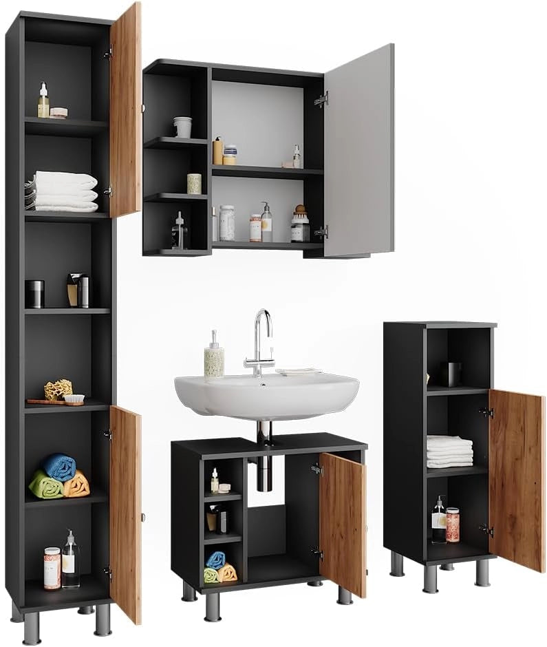 Set di mobili da bagno Fynn, Antracite/quercia dorata, 60 cm, composto da mobile lavabo, pensile a specchio, colonna e base media