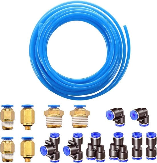 Slang pneumatico flexibile 10 metri, diametro 4 mm / 25 mm, colore blu, con 8 pezzi di connettore Air Push.