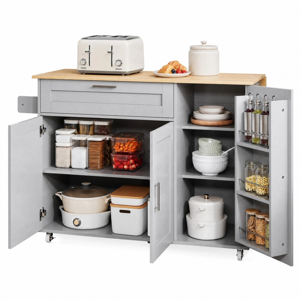 Carrello cucina mobile con piano ribaltabile, 132,5 x 44(70) x 90 cm, grigio, con ampia capacità contenitiva e 5 ruote