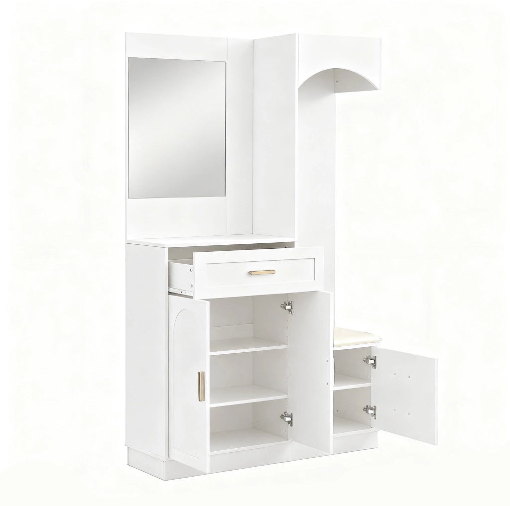 Mobile ingresso multifunzione bianco 110 x 33 x 185;5 cm in MDF con specchio e scarpiera