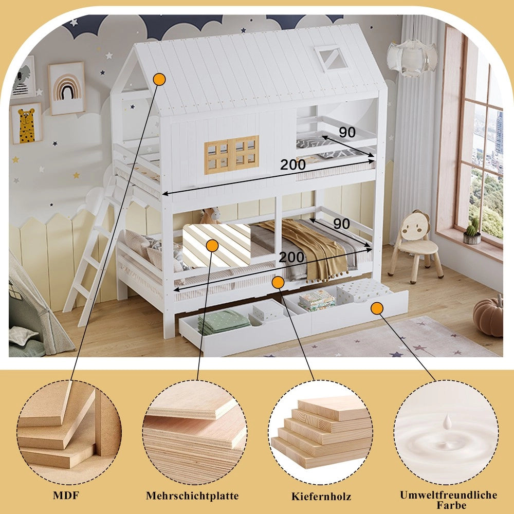 Letto a Castello Bambini con Cassetti e Finestra ¨C MINIMAL ¨C Pino Bianco 90x200