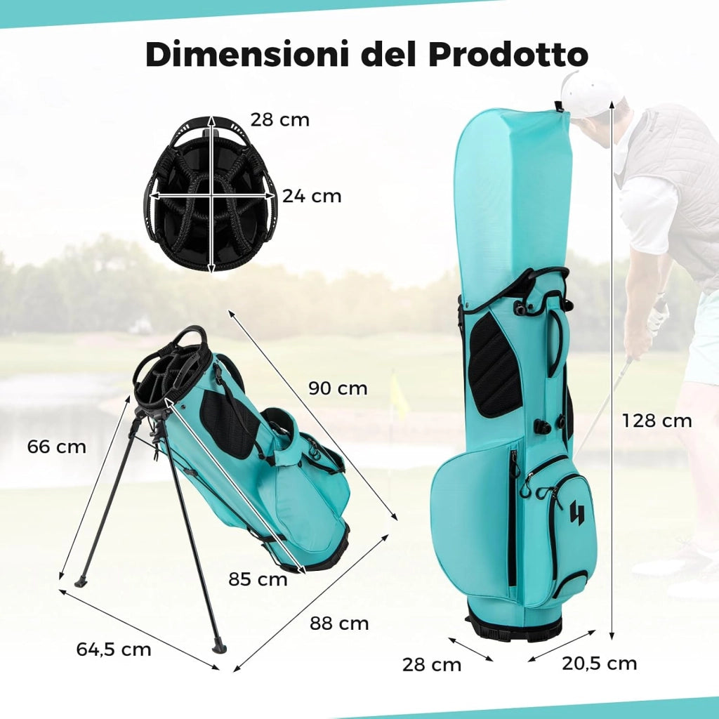 Borsa da Golf con Divisori Superiori a 8 Vie & 5 Tasche con Cerniera, Tracolla Regolabile a Doppia Spalla, Cappuccio Antipioggia e Portombrelli, Sacca da Golf per Donna e Uomo