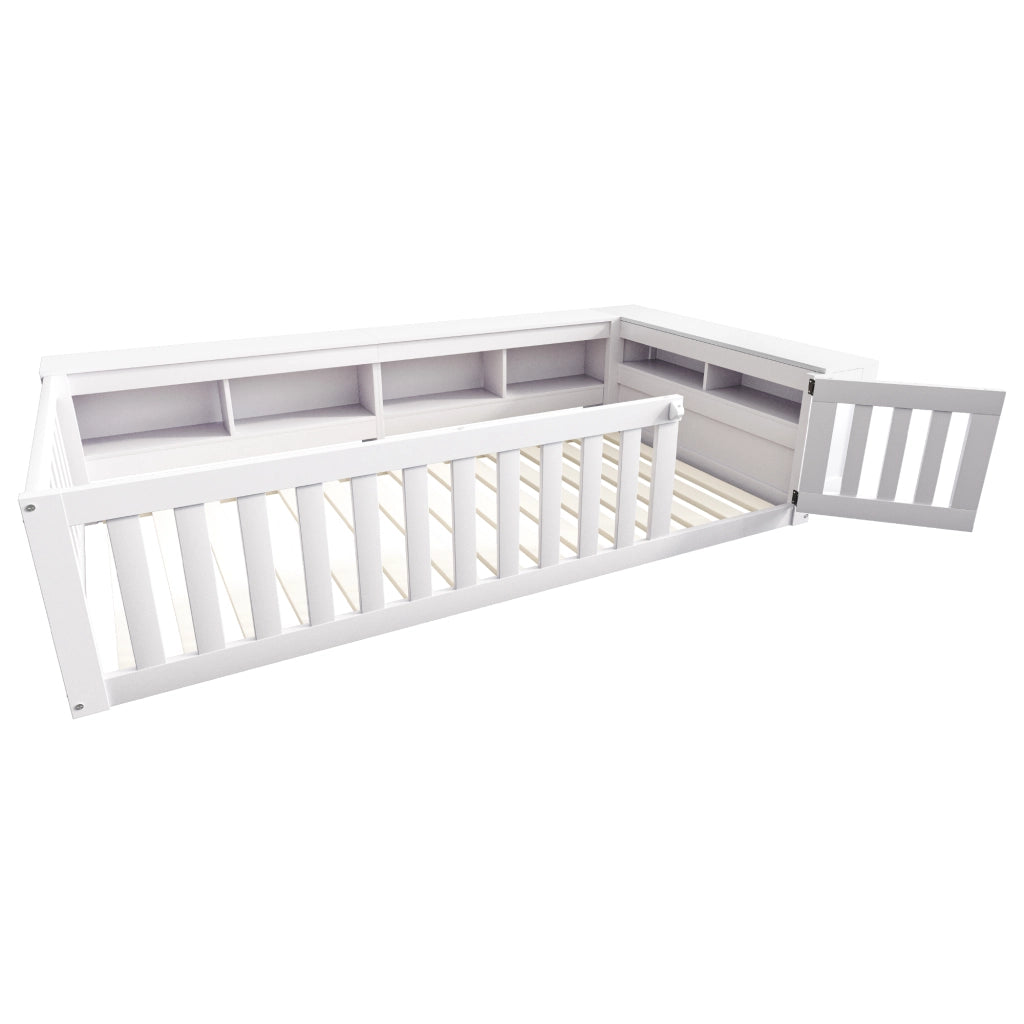 Letto singolo bambino 90×200 cm con ripiani; sponde di sicurezza e rete; senza materasso; legno massiccio; bianco