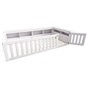 Letto singolo bambino 90×200 cm con ripiani; sponde di sicurezza e rete; senza materasso; legno massiccio; bianco