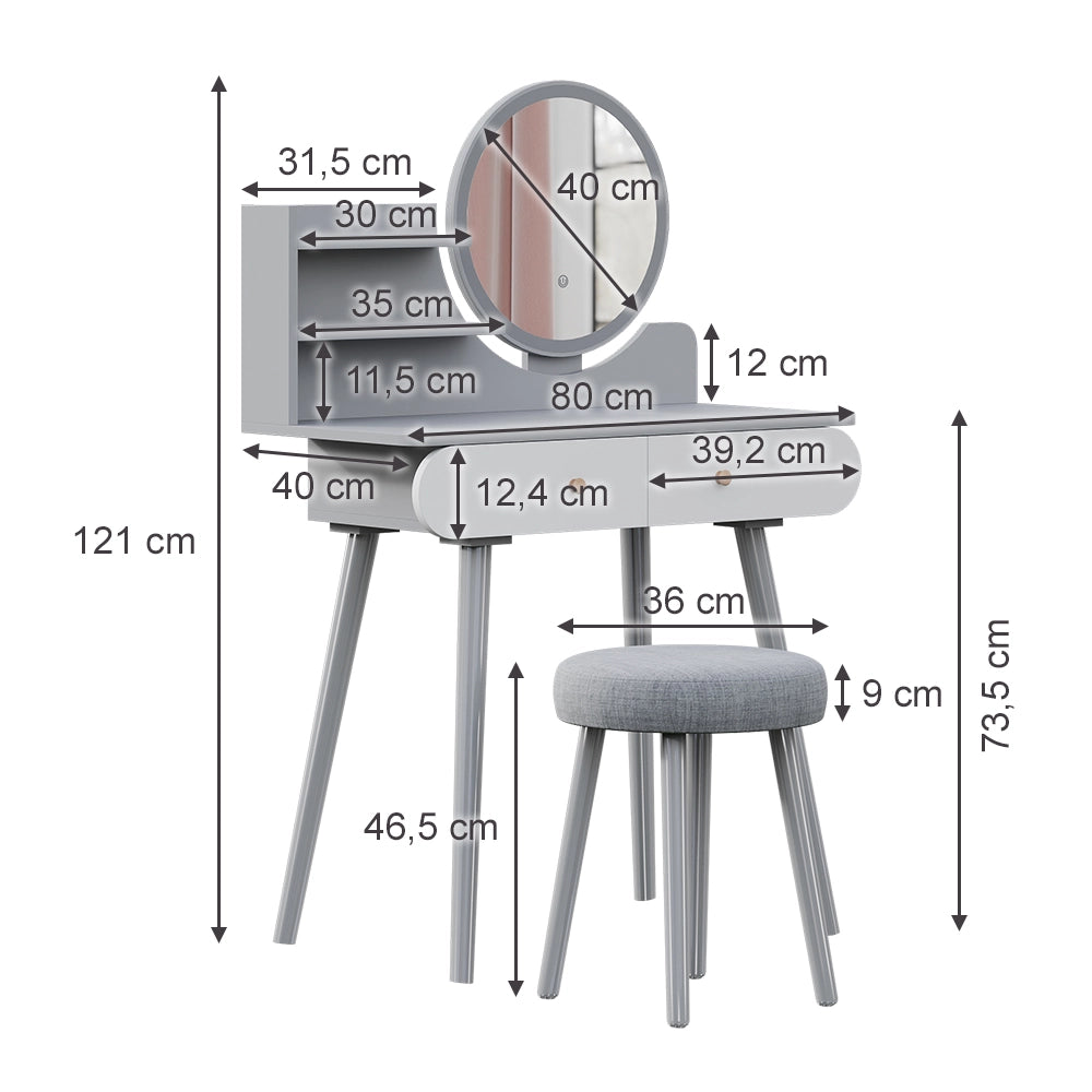 Vicco Tavolo da toeletta Grigio 80 cm con illuminazione a LED e sgabello
