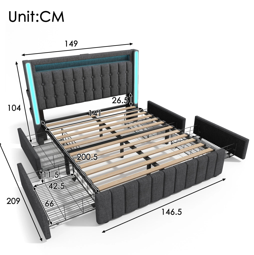 Letto 140x200 cm con LED; USB C e 4 cassetti; lino grigio