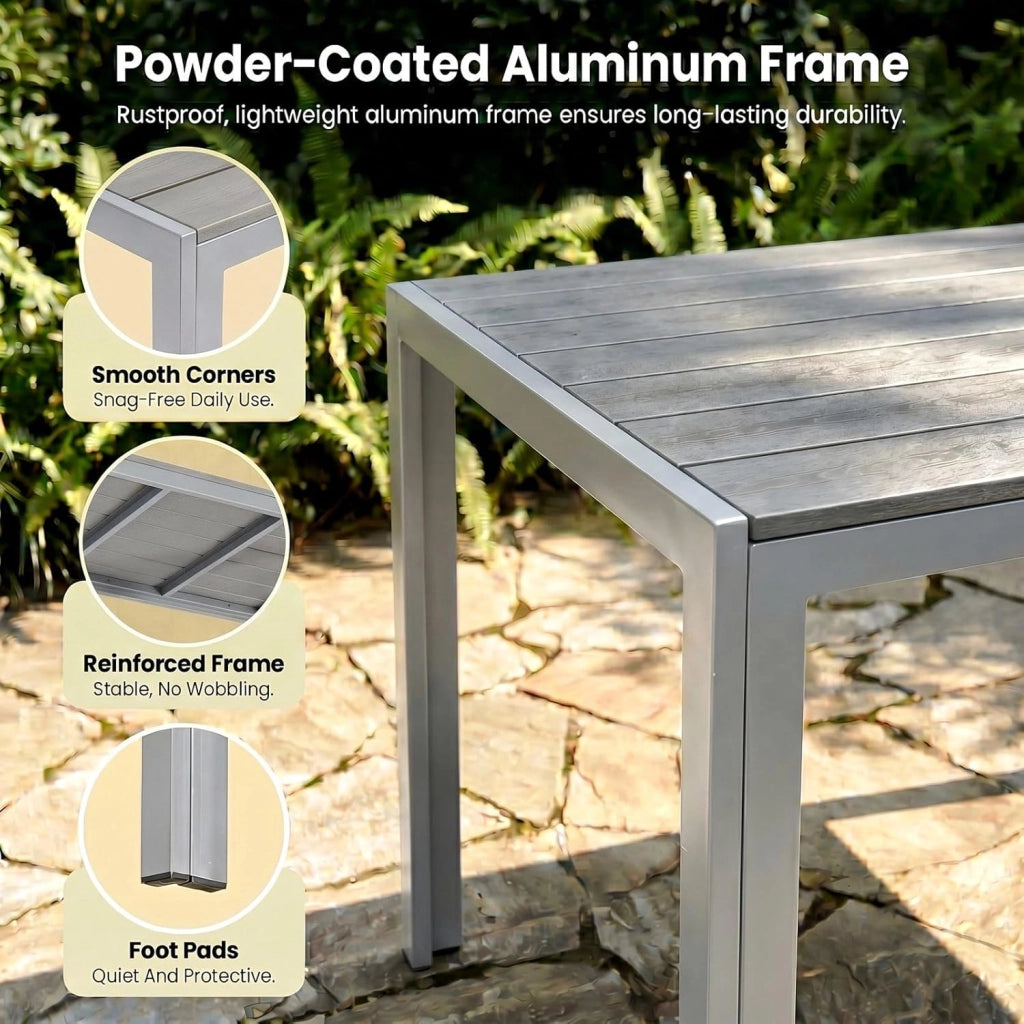 Tavolo da Giardino 110x70 cm, Tavolo da Terrazzo in WPC per 4-6 Persone, Tavolo da Balcone Resistente alle Intemperie con Telaio in Alluminio, Design Effetto Legno,Grigio Totale